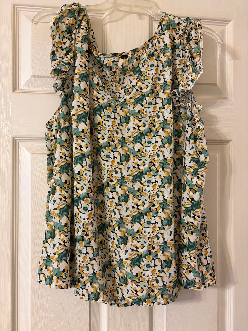 Floral Ruffle Sleeve Women's Top - White, Green & Yellow